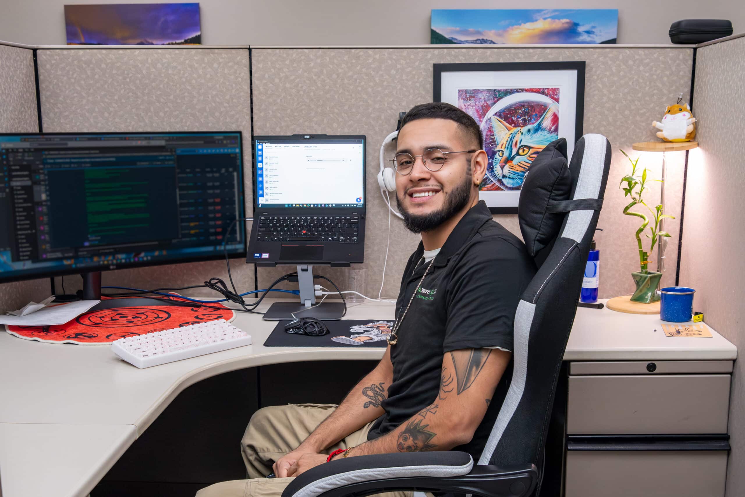 Apprentice Jaime Rubio seated at his workstation in the new TeamLogic IT of West Denver office in Arvada, CO.
